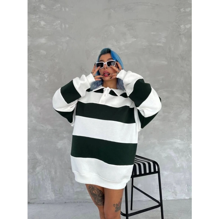 Kadın 3 iplik Pamuklu Parçalı Yakalı SweatShirt - Yeşil