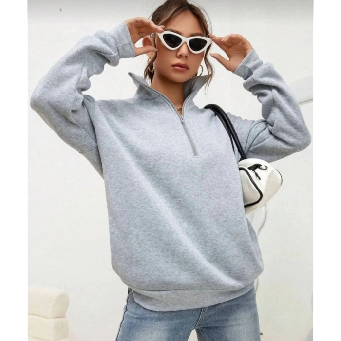 Kadın 3 iplik Pamuklu Uzun Kol Yarım Farmuarlı Yakalı  SweatShirt - Gri