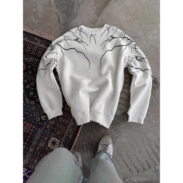 Kadın 3 iplik pamuklu Yıldırım Baskılı Bisiklet Yaka SweatShirt - Beyaz