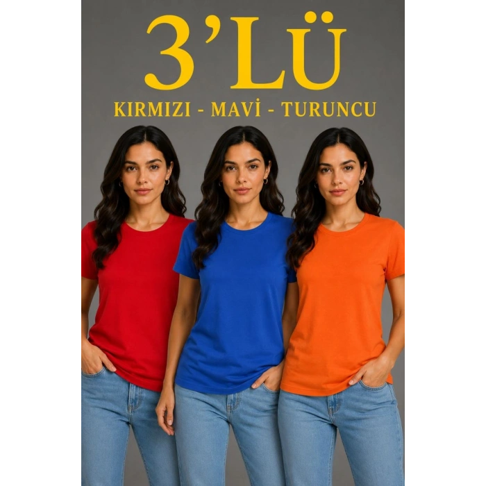 Kadın 3’lü Kısa Kollu Bisiklet Yaka Basic Slim Fit T-Shirt - Kırmızı - Mavi - Turuncu