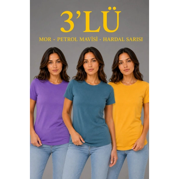Kadın 3’lü Kısa Kollu Bisiklet Yaka Basic Slim Fit T-Shirt - Mor - Petrol Mavisi - Hardal