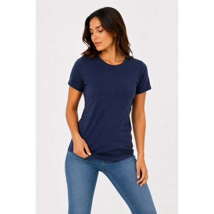Kadın 3’lü Kısa Kollu Bisiklet Yaka Basic Slim Fit T-Shirt - Mor - Petrol Mavisi - Hardal