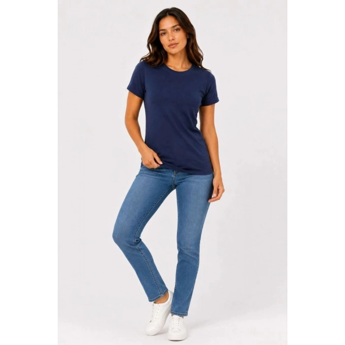 Kadın 3’lü Kısa Kollu Bisiklet Yaka Basic Slim Fit T-Shirt - Mor - Petrol Mavisi - Hardal