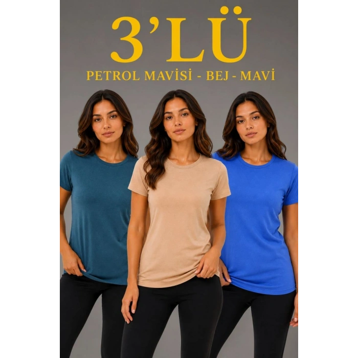 Kadın 3’lü Kısa Kollu Bisiklet Yaka Basic Slim Fit T-Shirt -Petrol Mavisi  - Bej - Mavi
