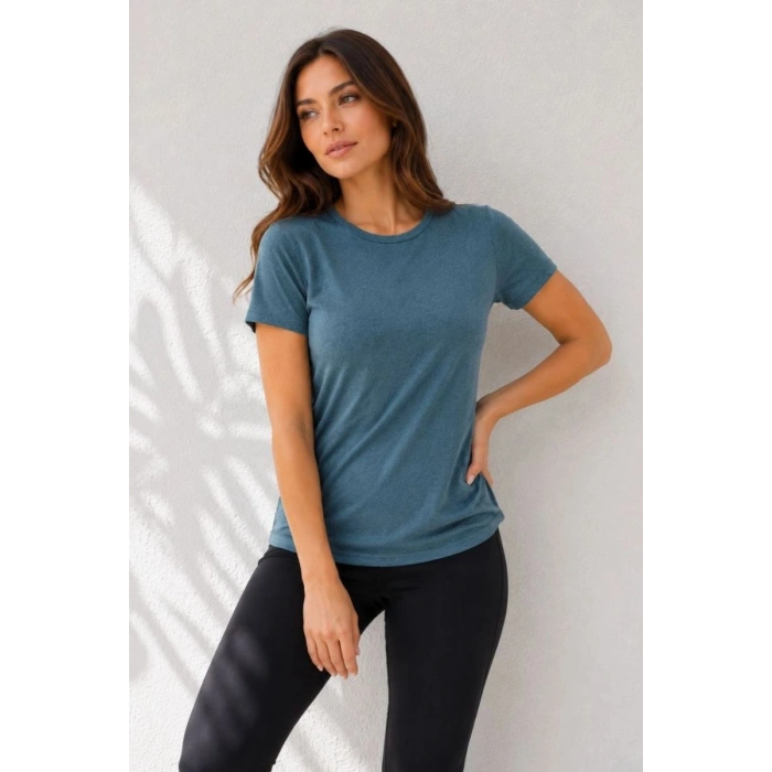 Kadın 3’lü Kısa Kollu Bisiklet Yaka Basic Slim Fit T-Shirt -Petrol Mavisi  - Bej - Mavi