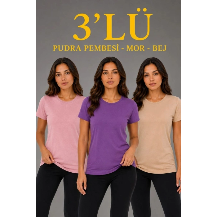 Kadın 3’lü Kısa Kollu Bisiklet Yaka Basic Slim Fit T-Shirt - Pudra Pembe - Mor - Bej