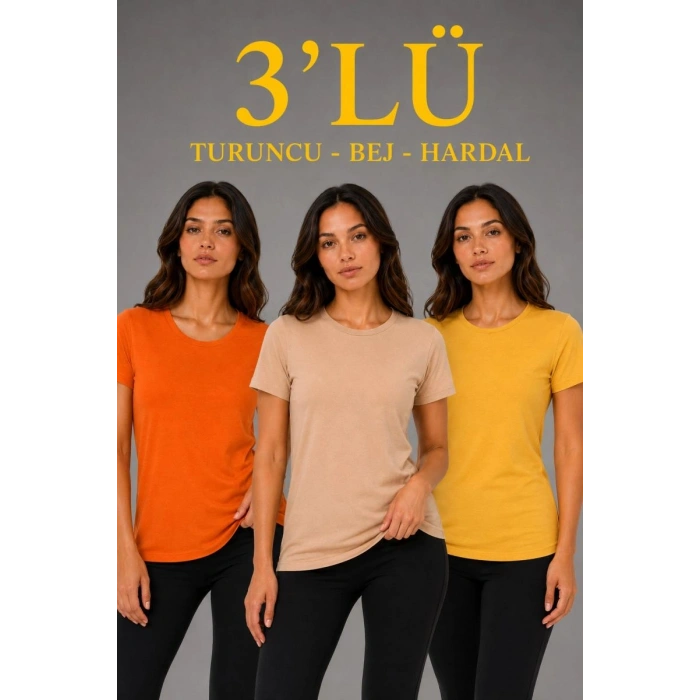 Kadın 3’lü Kısa Kollu Bisiklet Yaka Basic Slim Fit T-Shirt - Turuncu - Bej - Hardal