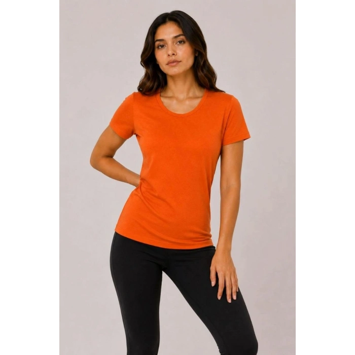Kadın 3’lü Kısa Kollu Bisiklet Yaka Basic Slim Fit T-Shirt - Turuncu - Bej - Hardal