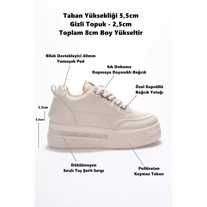 Kadın 8cm Boy Uzatan Gizli Topuklu Bej Spor Ayakkabı TR04MS01C