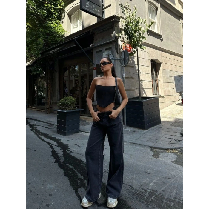 Kadın Arkadan Yırtmaçlı Jeans Kot Palazzo Pantolon - Siyah