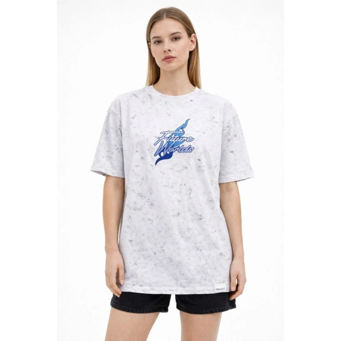 Kadın Asit Yıkamalı Oversize Tişört Bisiklet Yaka Kısa Kol T-shirt - Beyaz