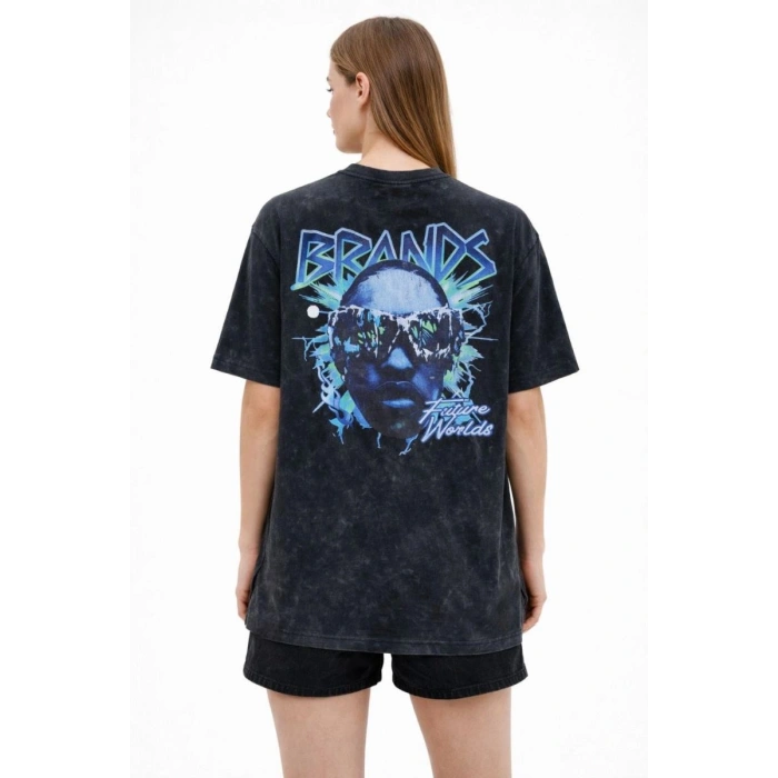 Kadın Asit Yıkamalı Oversize Tişört Bisiklet Yaka Kısa Kol T-shirt - Siyah