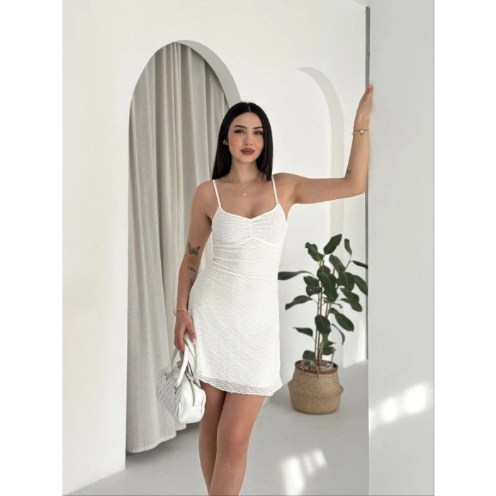 Kadın Askılı Mini Elbise Drapeli Göğüs Detay Likralı Yazlık Fit - Beyaz