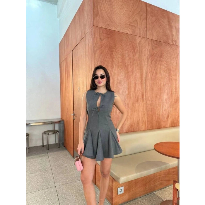 Kadın Bağcık detaylı Kolsuz Mini Elbise - Antrasit