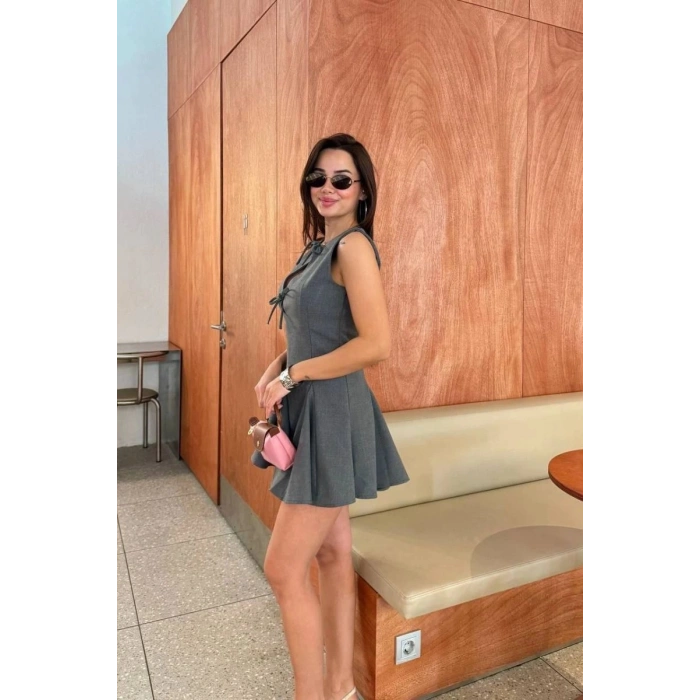 Kadın Bağcık detaylı Kolsuz Mini Elbise - Antrasit