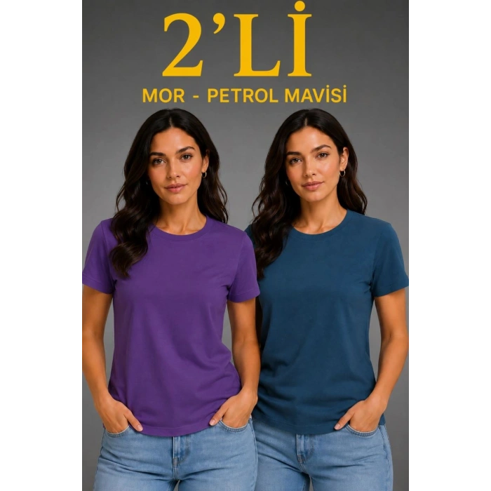 Kadın Basic Bisiklet Yaka Yazlık Slim fit T-Shirt - Mor & Petrol Mavisi