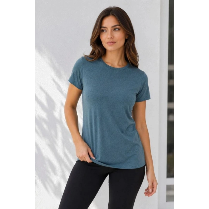 Kadın Basic Bisiklet Yaka Yazlık Slim fit T-Shirt - Mor & Petrol Mavisi