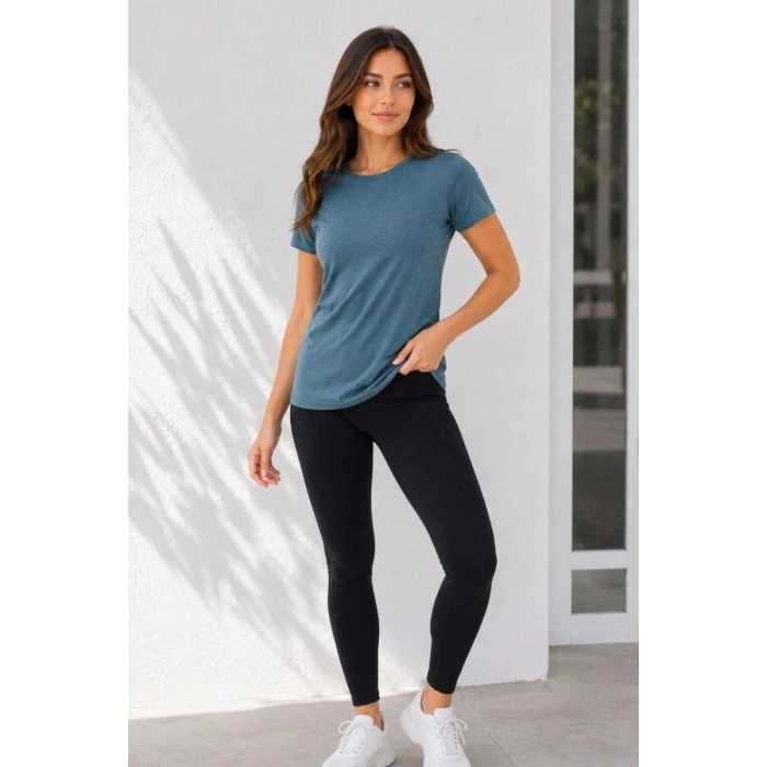 Kadın Basic Bisiklet Yaka Yazlık Slim fit T-Shirt - Mor & Petrol Mavisi