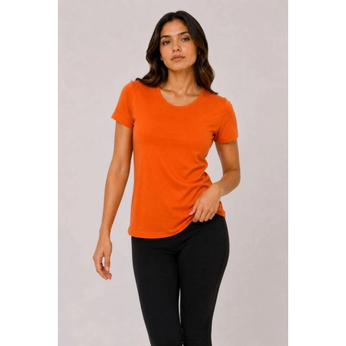 Kadın Basic Bisiklet Yaka Yazlık Slim fit T-Shirt - Mor  & Turuncu