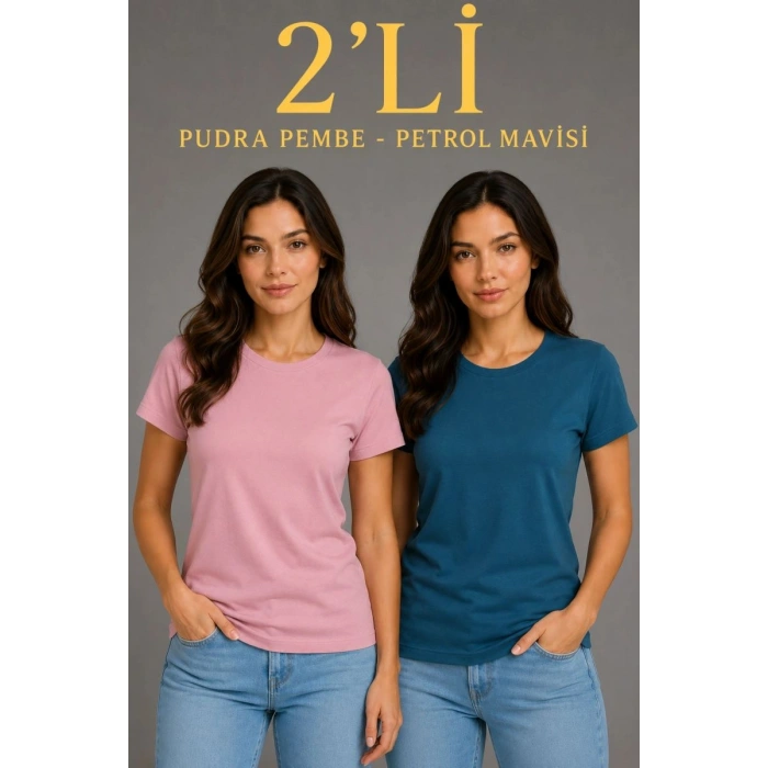 Kadın Basic Bisiklet Yaka Yazlık Slim fit T-Shirt - Pudra Pembe & Petrol Mavi