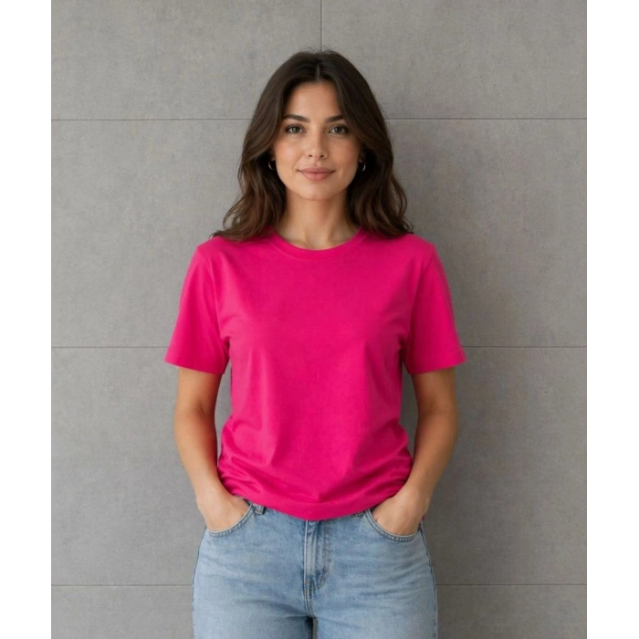 Kadın Basic Pamuklu Tişört Bisiklet Yaka Düz Renk Relaxed Fit T-Shirt - Fuşya