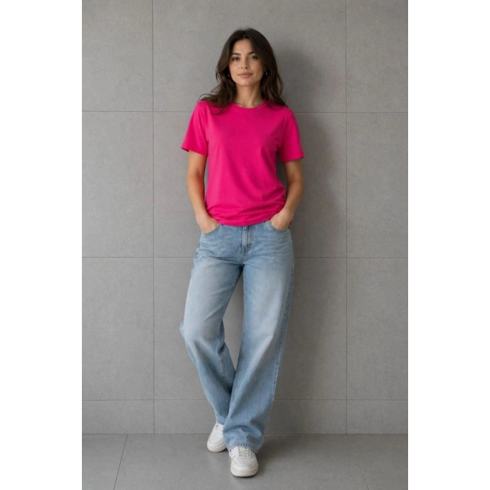 Kadın Basic Pamuklu Tişört Bisiklet Yaka Düz Renk Relaxed Fit T-Shirt - Fuşya