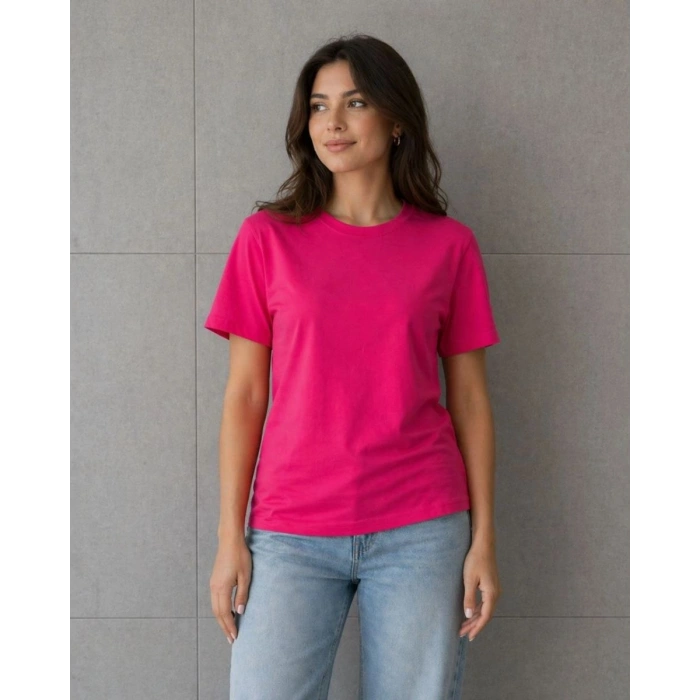 Kadın Basic Pamuklu Tişört Bisiklet Yaka Düz Renk Relaxed Fit T-Shirt - Fuşya