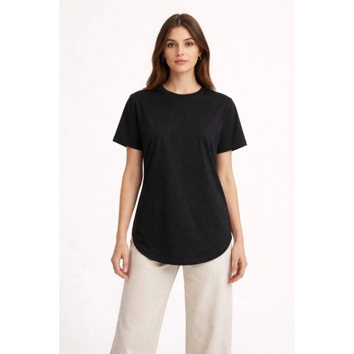 Kadın Basic T-Shirt Kısa Kol Bisiklet Yaka Oval Kesim Tişört - Siyah