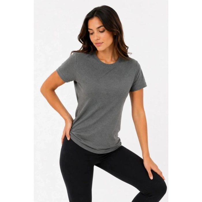 Kadın Basic Tişört Bisiklet Yaka Kısa Kol Günlük Yazlık Slim fit T-Shirt - Antrasit