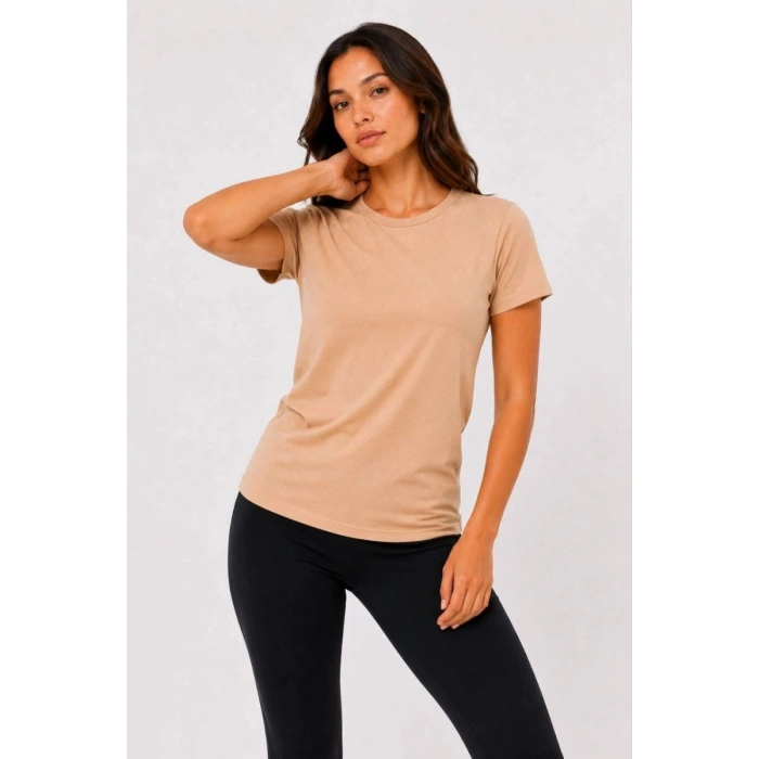 Kadın Basic Tişört Bisiklet Yaka Kısa Kol Günlük Yazlık Slim fit T-Shirt - Bej