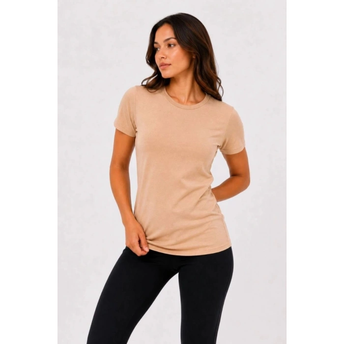 Kadın Basic Tişört Bisiklet Yaka Kısa Kol Günlük Yazlık Slim fit T-Shirt - Bej