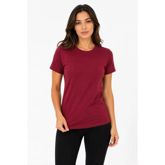 Kadın Basic Tişört Bisiklet Yaka Kısa Kol Günlük Yazlık Slim fit T-Shirt - Bordo