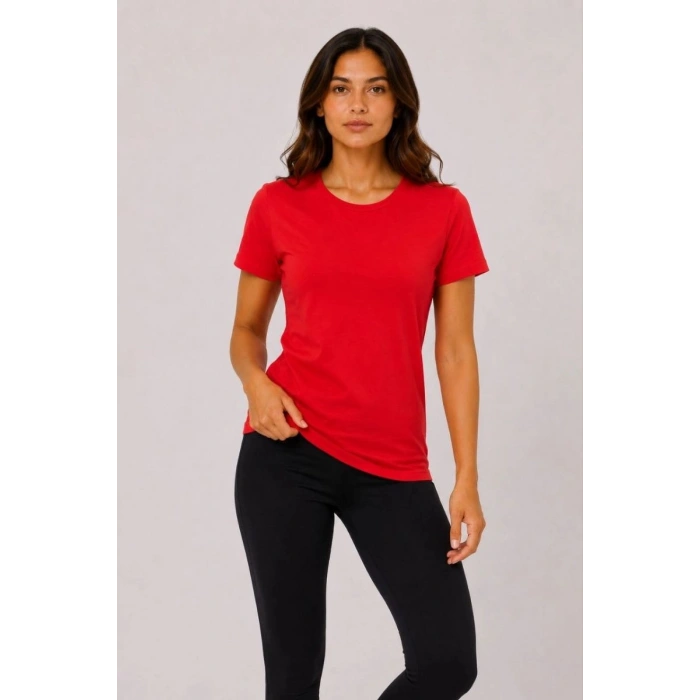 Kadın Basic Tişört Bisiklet Yaka Kısa Kol Günlük Yazlık Slim fit T-Shirt - Kırmızı