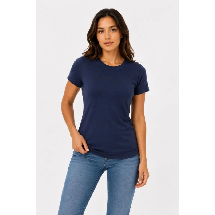Kadın Basic Tişört Bisiklet Yaka Kısa Kol Günlük Yazlık Slim fit T-Shirt - Lacivert