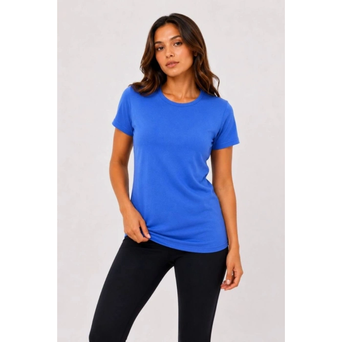 Kadın Basic Tişört Bisiklet Yaka Kısa Kol Günlük Yazlık Slim fit T-Shirt - Mavi