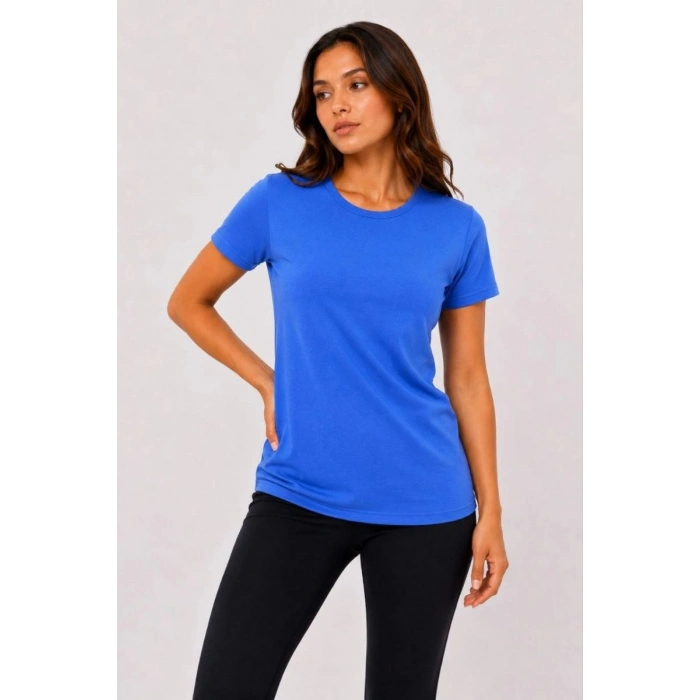 Kadın Basic Tişört Bisiklet Yaka Kısa Kol Günlük Yazlık Slim fit T-Shirt - Mavi