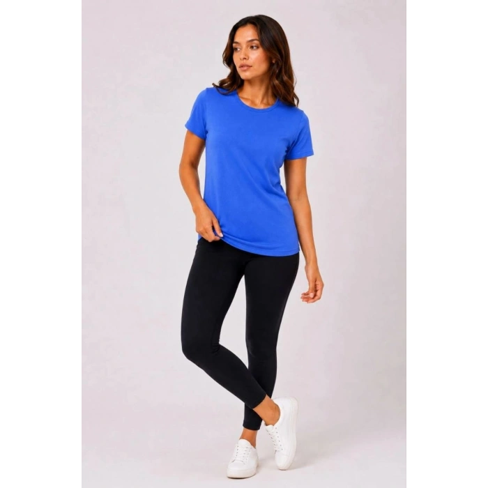 Kadın Basic Tişört Bisiklet Yaka Kısa Kol Günlük Yazlık Slim fit T-Shirt - Mavi