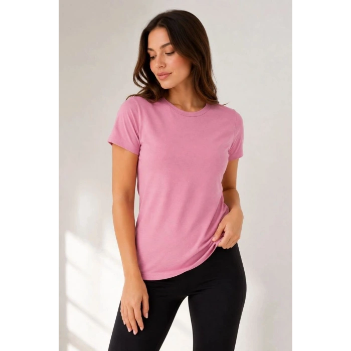 Kadın Basic Tişört Bisiklet Yaka Kısa Kol Günlük Yazlık Slim fit T-Shirt - Pembe