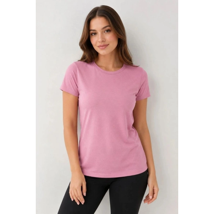 Kadın Basic Tişört Bisiklet Yaka Kısa Kol Günlük Yazlık Slim fit T-Shirt - Pembe