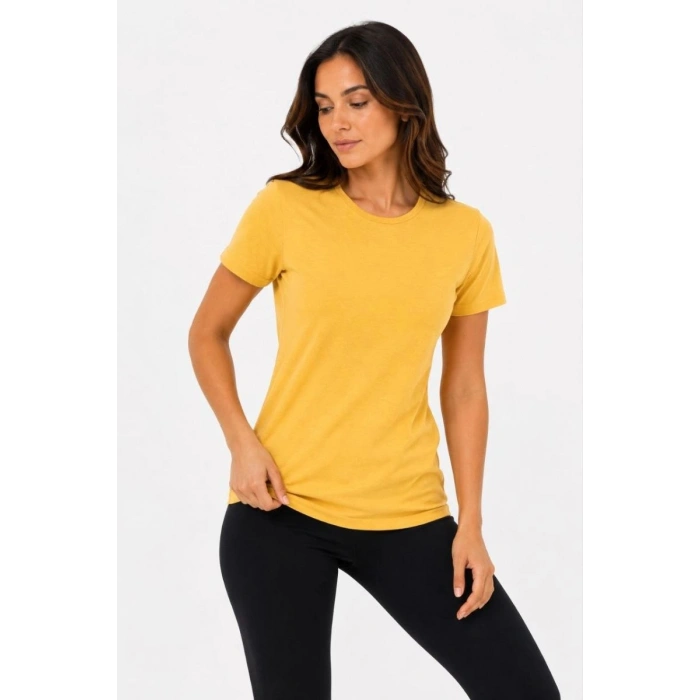 Kadın Basic Tişört Bisiklet Yaka Kısa Kol Günlük Yazlık Slim fit T-Shirt - Sarı