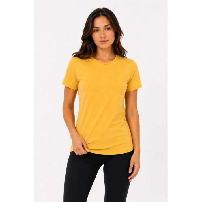 Kadın Basic Tişört Bisiklet Yaka Kısa Kol Günlük Yazlık Slim fit T-Shirt - Sarı