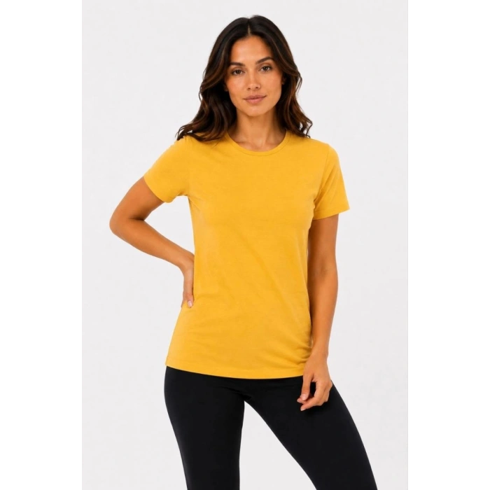 Kadın Basic Tişört Bisiklet Yaka Kısa Kol Günlük Yazlık Slim fit T-Shirt - Sarı