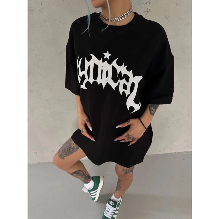 Kadın Baskılı Bisiklet Yaka T-Shirt - Siyah