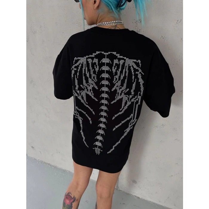 Kadın Baskılı Bisiklet Yaka T-Shirt - Siyah