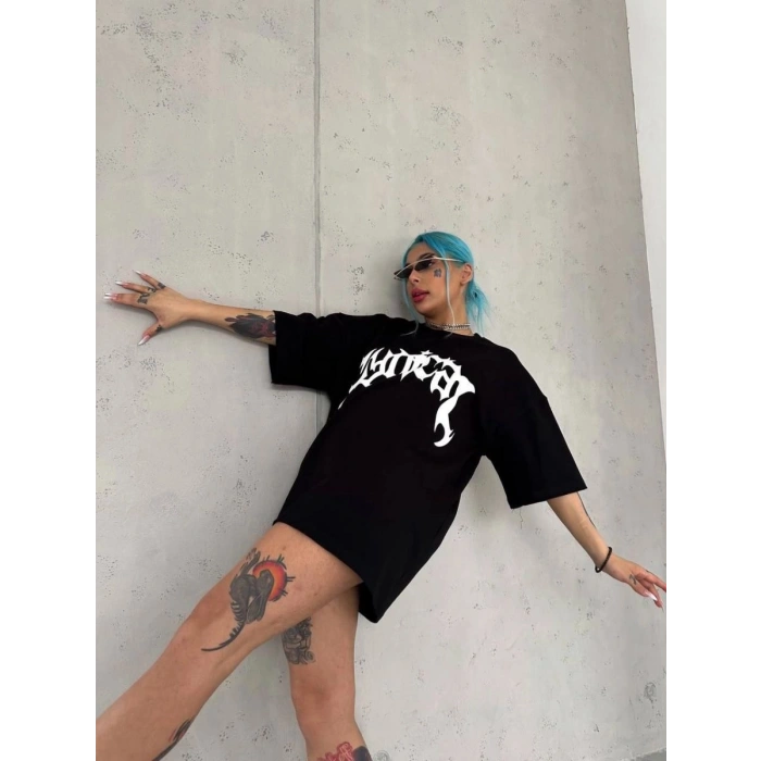 Kadın Baskılı Bisiklet Yaka T-Shirt - Siyah