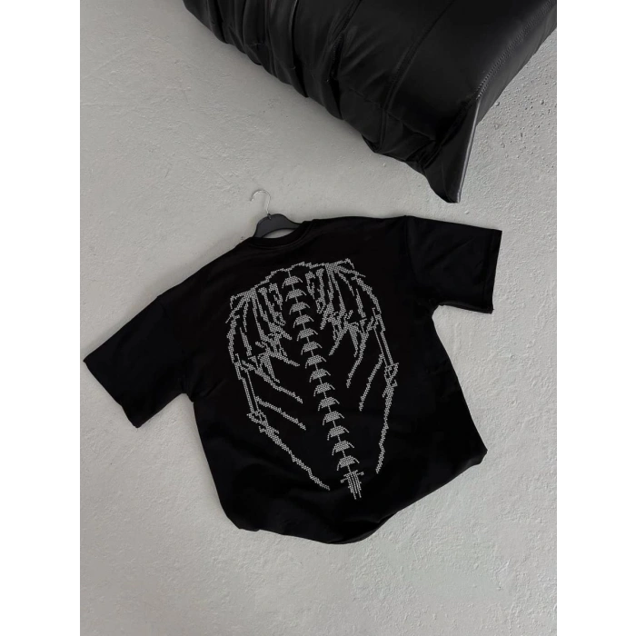 Kadın Baskılı Bisiklet Yaka T-Shirt - Siyah