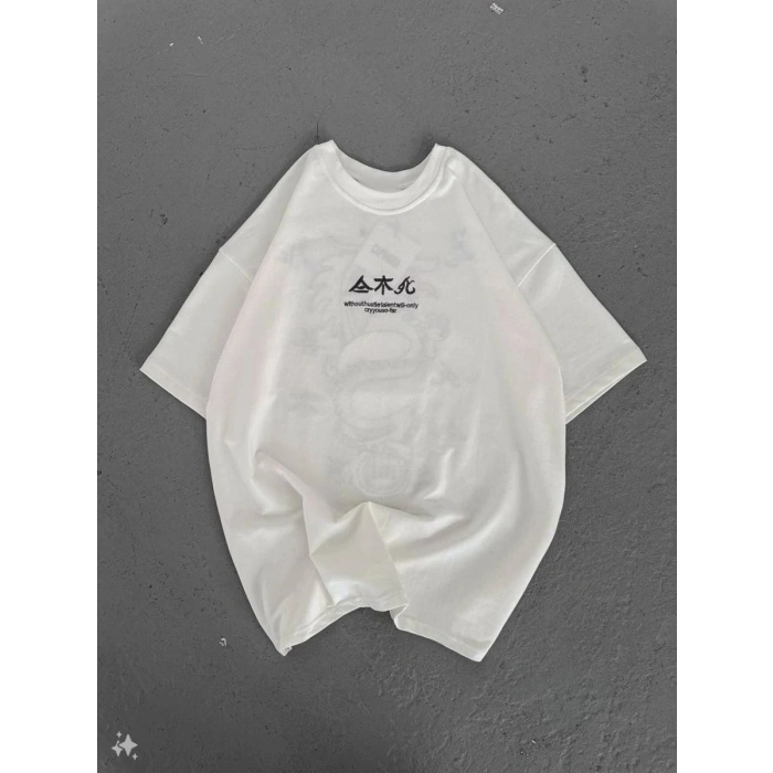 Kadın Baskılı Kısa kol Oversize T-Shirt - Beyaz