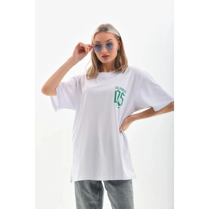 Kadın Baskılı kısa kol  Oversize T-Shirt - Beyaz
