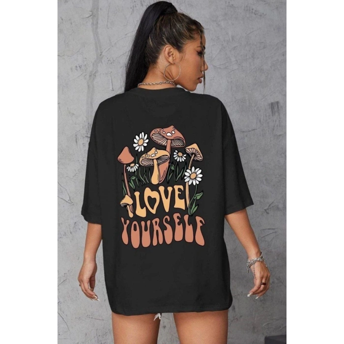 Kadın Baskılı Oversize kısa kol T-Shirt - Siyah