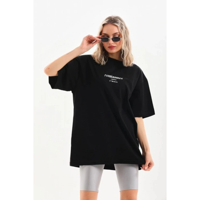 Kadın Baskılı Oversize Kısa kol  T-Shirt - Siyah